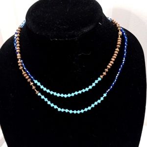 17" Seed Beaded Blue & Brown Long Neckless, Can be doubled